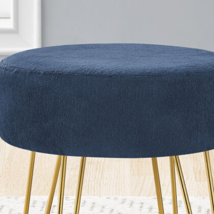 14" Blue Velvet And Gold Round Ottoman