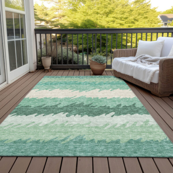 10' X 14' Sage Green And Ivory Striped Washable Indoor Outdoor Area Rug