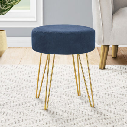 14" Blue Velvet And Gold Round Ottoman