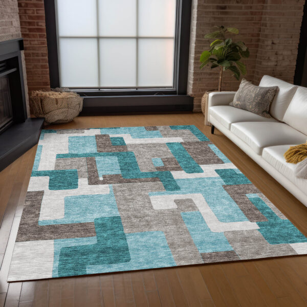 9' X 12' Teal Blue Aqua And Beige Abstract Washable Indoor Outdoor Area Rug
