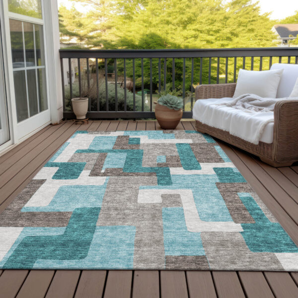 9' X 12' Teal Blue Aqua And Beige Abstract Washable Indoor Outdoor Area Rug