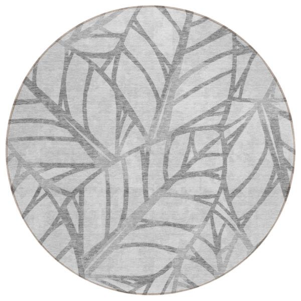 8' Gray And Silver Round Floral Washable Indoor Outdoor Area Rug