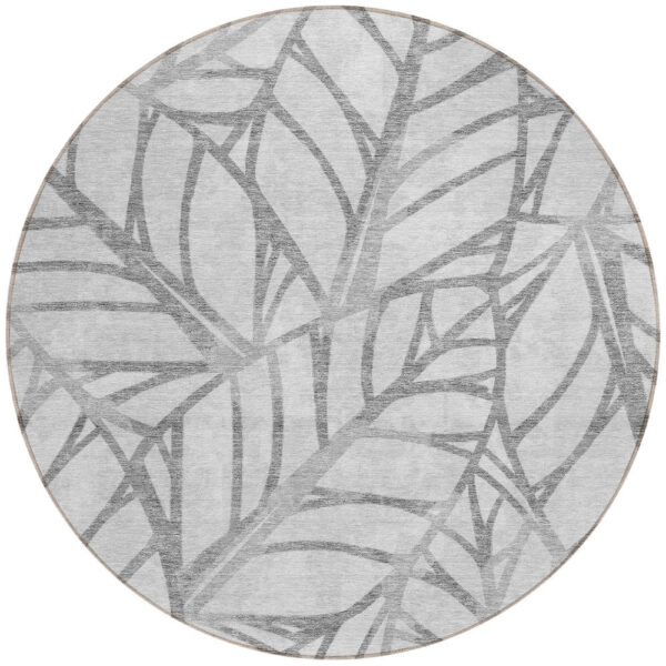 8' Gray And Silver Round Floral Washable Indoor Outdoor Area Rug
