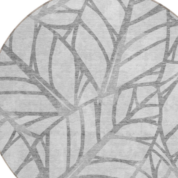 8' Gray And Silver Round Floral Washable Indoor Outdoor Area Rug