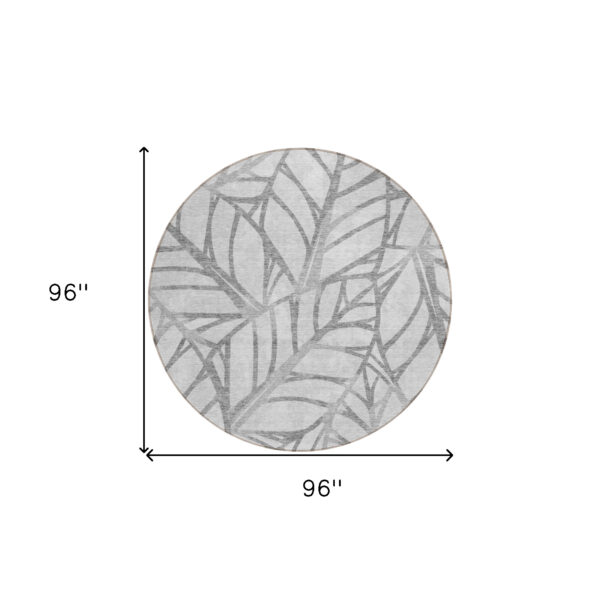 8' Gray And Silver Round Floral Washable Indoor Outdoor Area Rug