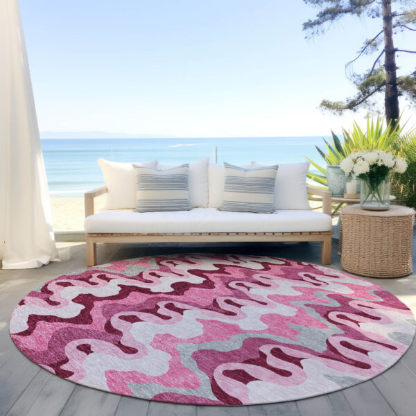 8' Blush Pink And Mauve Round Abstract Washable Indoor Outdoor Area Rug