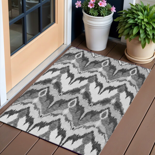 3' X 5' Gray Silver And Charcoal Ikat Washable Indoor Outdoor Area Rug
