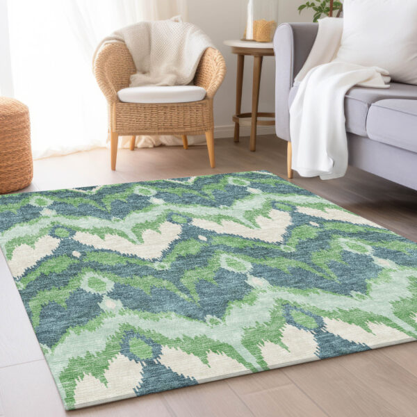 3' X 5' Green Ivory And Blue Ikat Washable Indoor Outdoor Area Rug
