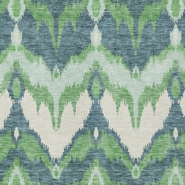 3' X 5' Green Ivory And Blue Ikat Washable Indoor Outdoor Area Rug