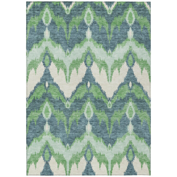 3' X 5' Green Ivory And Blue Ikat Washable Indoor Outdoor Area Rug