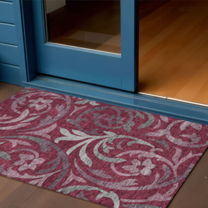 3' X 5' Red Gray And Silver Floral Washable Indoor Outdoor Area Rug