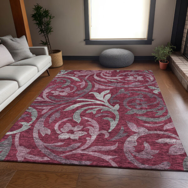 3' X 5' Red Gray And Silver Floral Washable Indoor Outdoor Area Rug