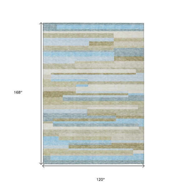 10' X 14' Sky Blue And Denim Blue Striped Washable Indoor Outdoor Area Rug