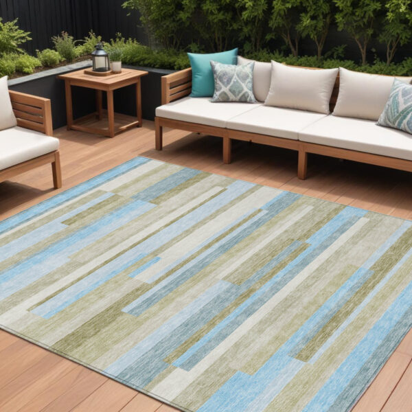 10' X 14' Sky Blue And Denim Blue Striped Washable Indoor Outdoor Area Rug