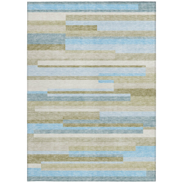 10' X 14' Sky Blue And Denim Blue Striped Washable Indoor Outdoor Area Rug