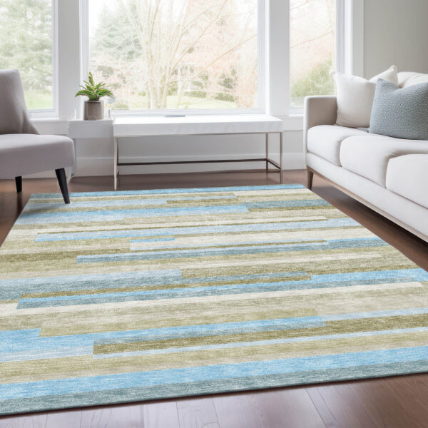 10' X 14' Sky Blue And Denim Blue Striped Washable Indoor Outdoor Area Rug