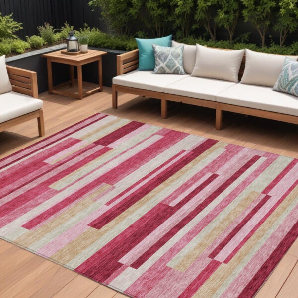 9' X 12' Blush Pink And Mauve Striped Washable Indoor Outdoor Area Rug