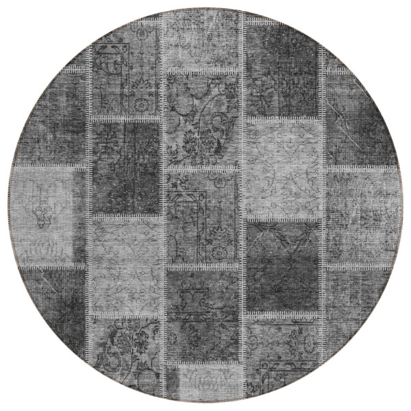 8' Gray Charcoal And Silver Round Patchwork Washable Indoor Outdoor Area Rug