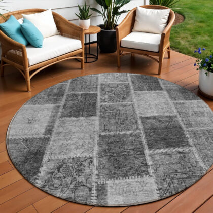8' Gray Charcoal And Silver Round Patchwork Washable Indoor Outdoor Area Rug