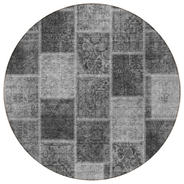 8' Gray Charcoal And Silver Round Patchwork Washable Indoor Outdoor Area Rug