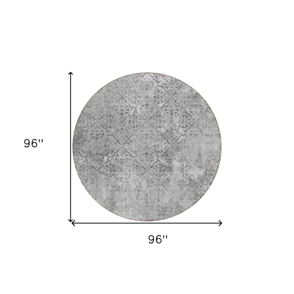 8' Gray Charcoal And Silver Round Floral Washable Indoor Outdoor Area Rug