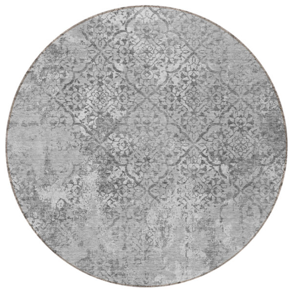 8' Gray Charcoal And Silver Round Floral Washable Indoor Outdoor Area Rug
