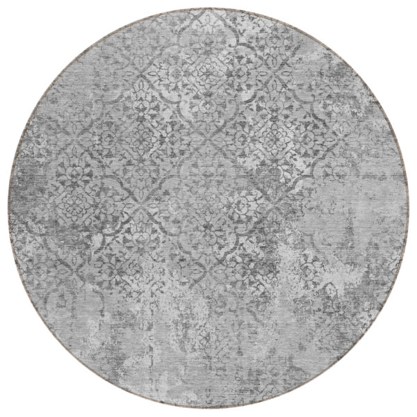 8' Gray Charcoal And Silver Round Floral Washable Indoor Outdoor Area Rug
