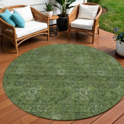 8' Olive Green And Green Round Floral Washable Indoor Outdoor Area Rug