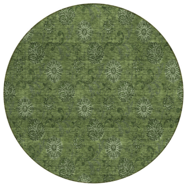 8' Olive Green And Green Round Floral Washable Indoor Outdoor Area Rug