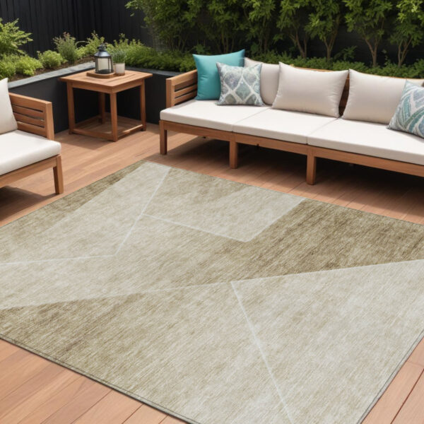 10' X 14' Beige Tan And Ivory Abstract Washable Indoor Outdoor Area Rug