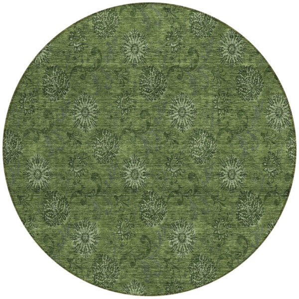 8' Olive Green And Green Round Floral Washable Indoor Outdoor Area Rug