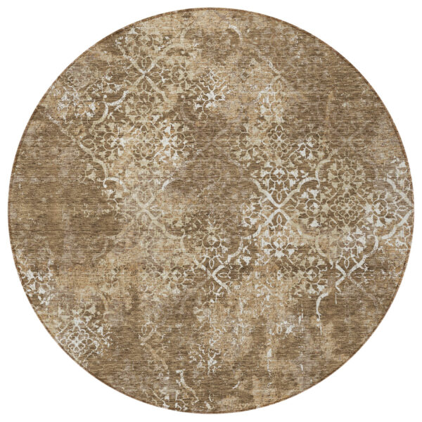 8' Brown Taupe And Ivory Round Floral Washable Indoor Outdoor Area Rug