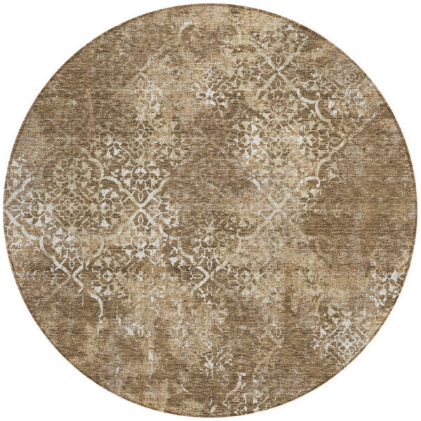 8' Brown Taupe And Ivory Round Floral Washable Indoor Outdoor Area Rug