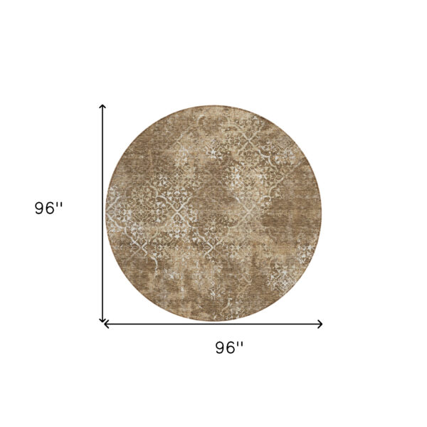 8' Brown Taupe And Ivory Round Floral Washable Indoor Outdoor Area Rug