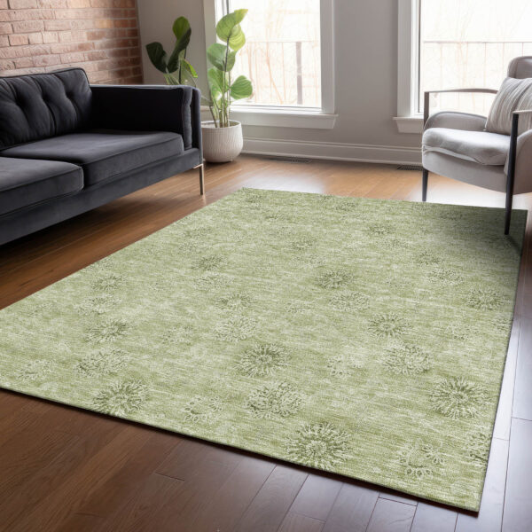 9' X 12' Sage And Artichoke Green Floral Washable Indoor Outdoor Area Rug