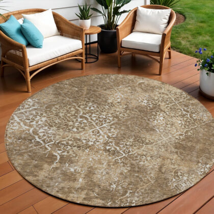 8' Brown Taupe And Ivory Round Floral Washable Indoor Outdoor Area Rug