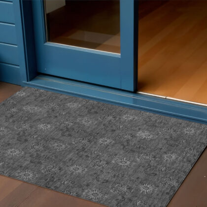3' X 5' Gray And Charcoal Floral Washable Indoor Outdoor Area Rug