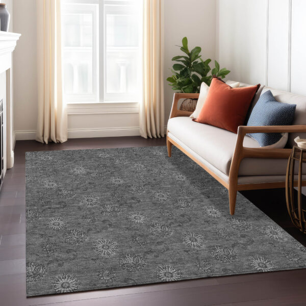 3' X 5' Gray And Charcoal Floral Washable Indoor Outdoor Area Rug