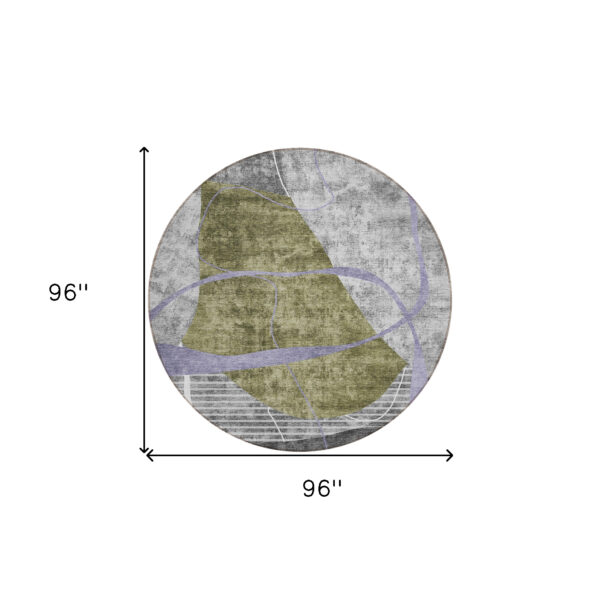 8' Olive Green Gray And Charcoal Round Abstract Washable Indoor Outdoor Area Rug