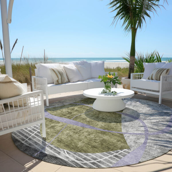 8' Olive Green Gray And Charcoal Round Abstract Washable Indoor Outdoor Area Rug