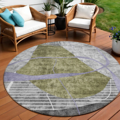 8' Olive Green Gray And Charcoal Round Abstract Washable Indoor Outdoor Area Rug