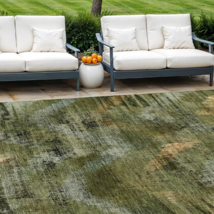 9' X 12' Olive Green And Gold Abstract Washable Indoor Outdoor Area Rug