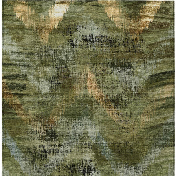 9' X 12' Olive Green And Gold Abstract Washable Indoor Outdoor Area Rug