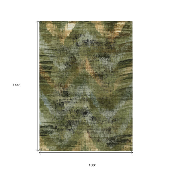 9' X 12' Olive Green And Gold Abstract Washable Indoor Outdoor Area Rug