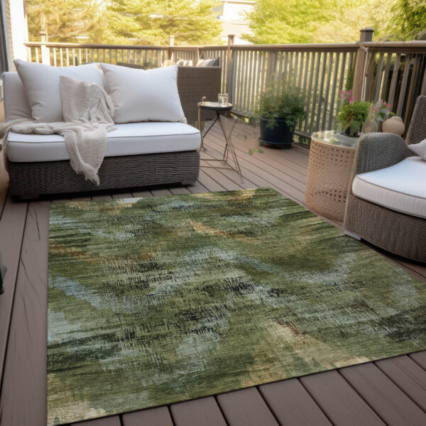 9' X 12' Olive Green And Gold Abstract Washable Indoor Outdoor Area Rug