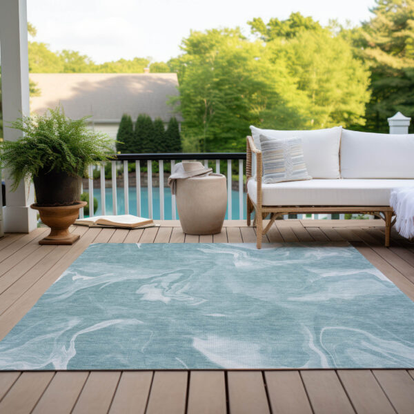 3' X 5' Teal Blue And Aqua Abstract Washable Indoor Outdoor Area Rug