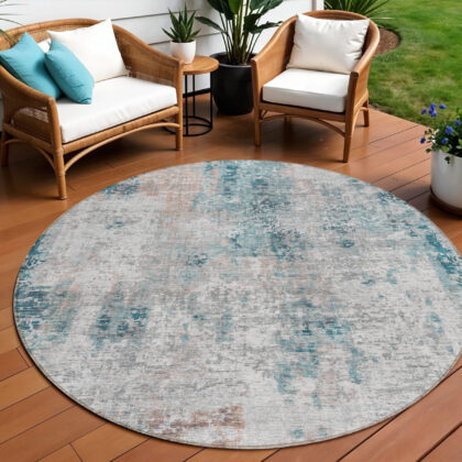 8' Teal Blue Beige And Copper Round Abstract Washable Indoor Outdoor Area Rug