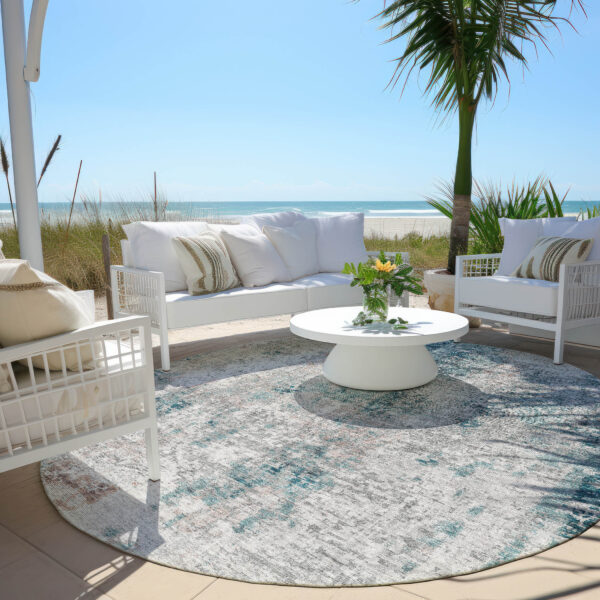 8' Teal Blue Beige And Copper Round Abstract Washable Indoor Outdoor Area Rug