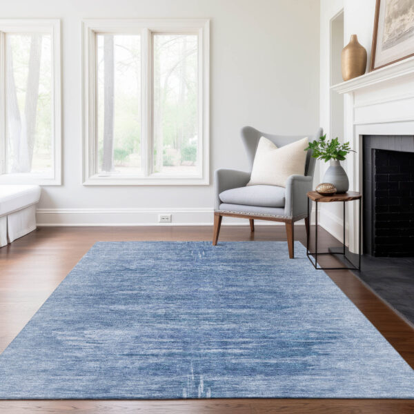 9' X 12' Denim Blue And Sky Blue Abstract Washable Indoor Outdoor Area Rug