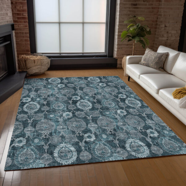 9' X 12' Teal Blue And Sky Blue Damask Washable Indoor Outdoor Area Rug